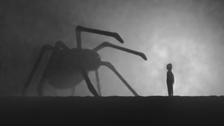 Silhouette einer Person steht einem ueberdimensionalen Spinnen-Schatten gegenueber, Symbolbild fuer Angststoerung und Phobie